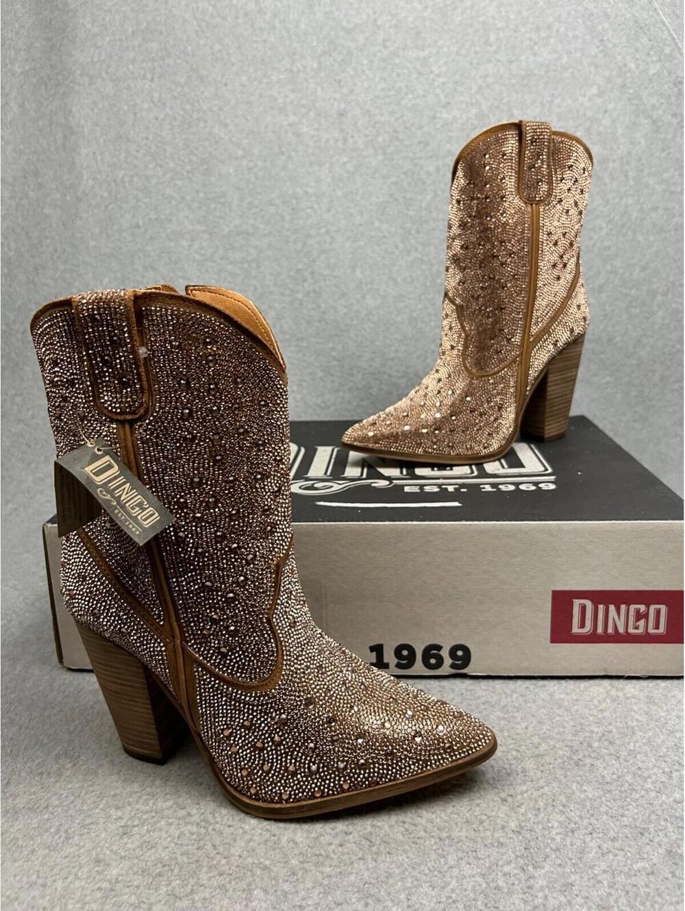 Dingo Rose Gold Rhinestone Cowgirl Western Leather Boots Womens 8.5 Glam Chic